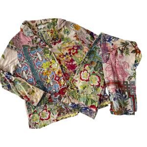 Johnny Was Pajama Set XS Floral Bird Long Slv Button Pants Set Pima Modal #6493